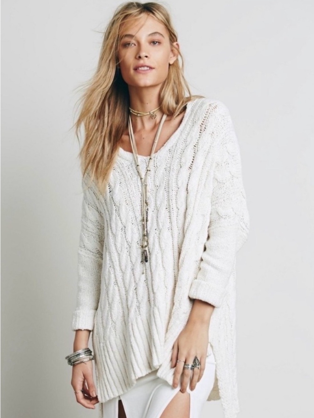 Free People Cream Cable Knit Scoop Neck Sweater